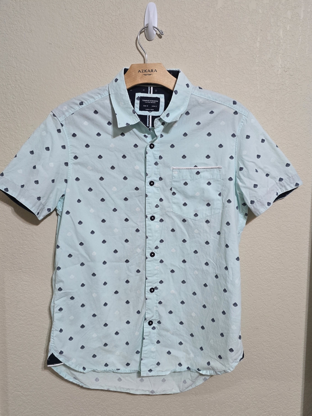 Sunrise Kingdom Short-Sleeve Mint Button-Down Shirt with Navy Motif